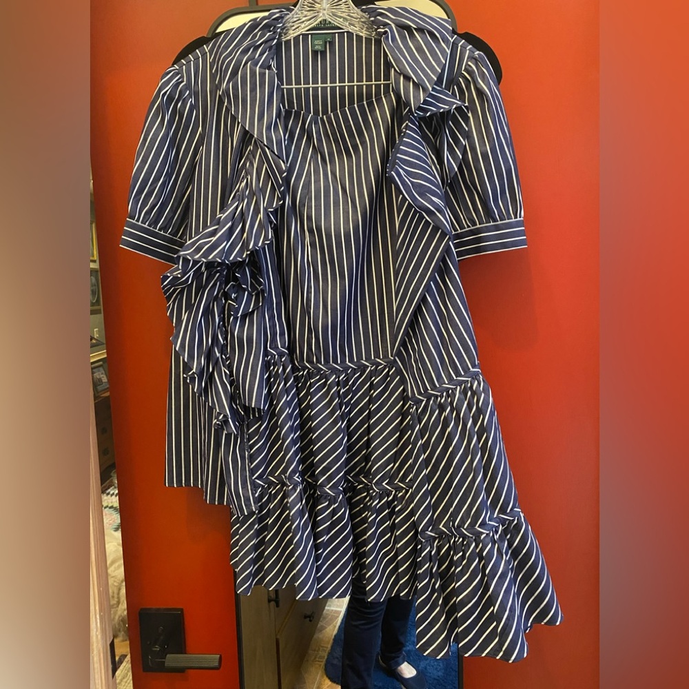 NWOT Ralph Lauren Navy and White Striped Ruffle Dress 2 pc